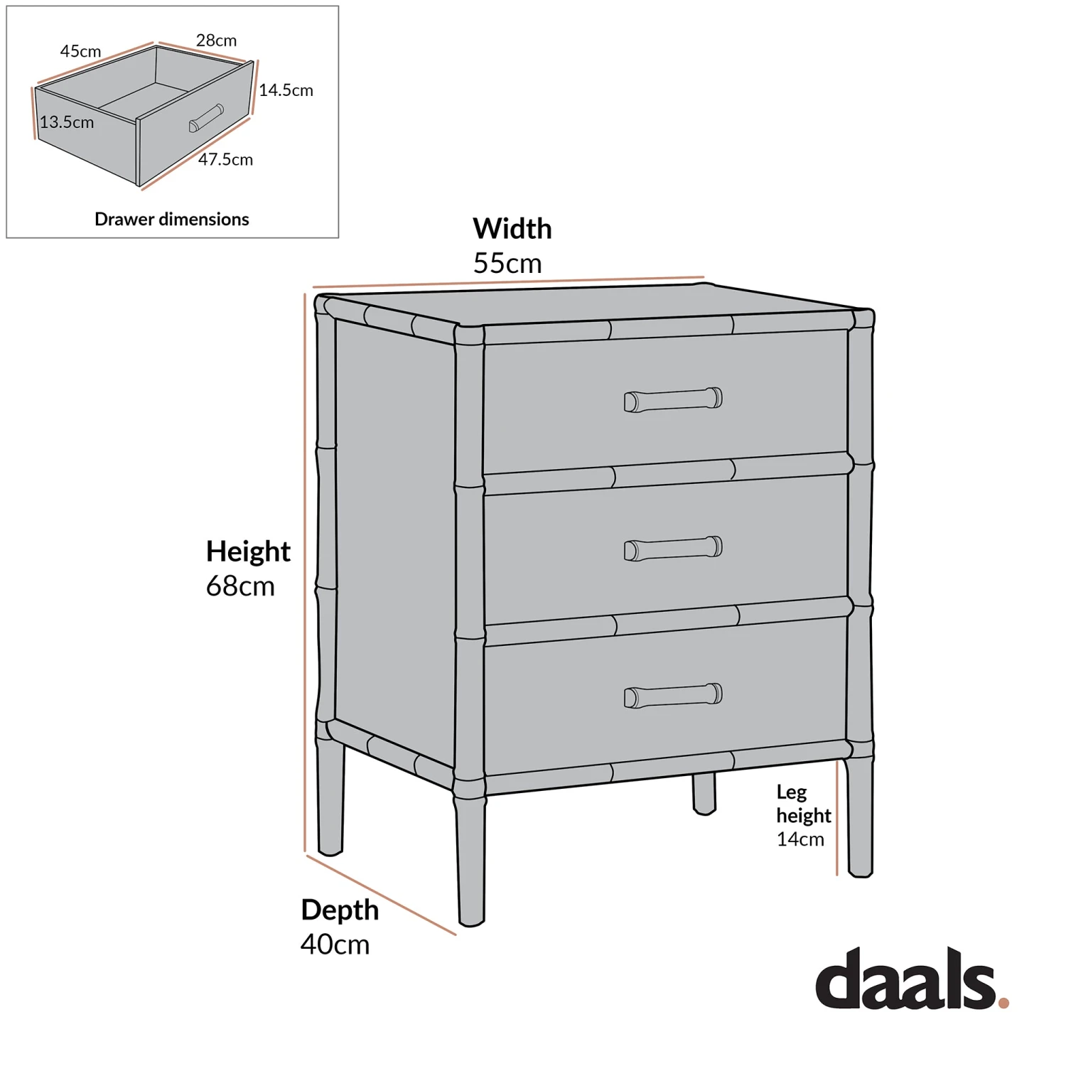 Elstowe Faux Bamboo 3-Drawer Bedside Table, Warm Grey 10 Elstowe Faux Bamboo 3-Drawer Bedside Table, Warm Grey - Image 10