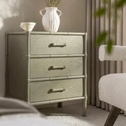 Elstowe Faux Bamboo 3-Drawer Bedside Table, Sage Green -Daals XXNS 060 GREEN scene4