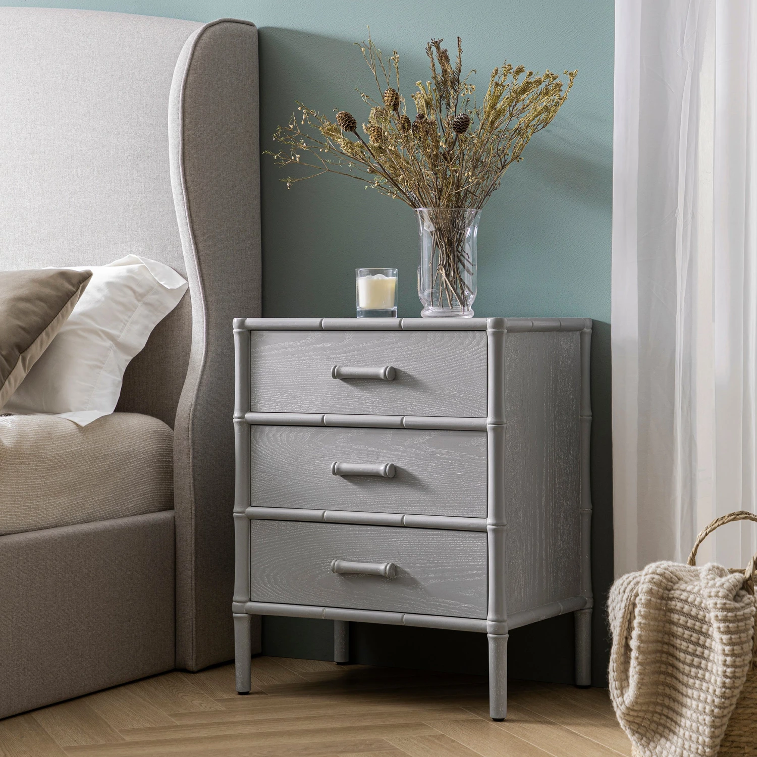 Elstowe Faux Bamboo 3-Drawer Bedside Table, Warm Grey 1 Elstowe Faux Bamboo 3-Drawer Bedside Table, Warm Grey