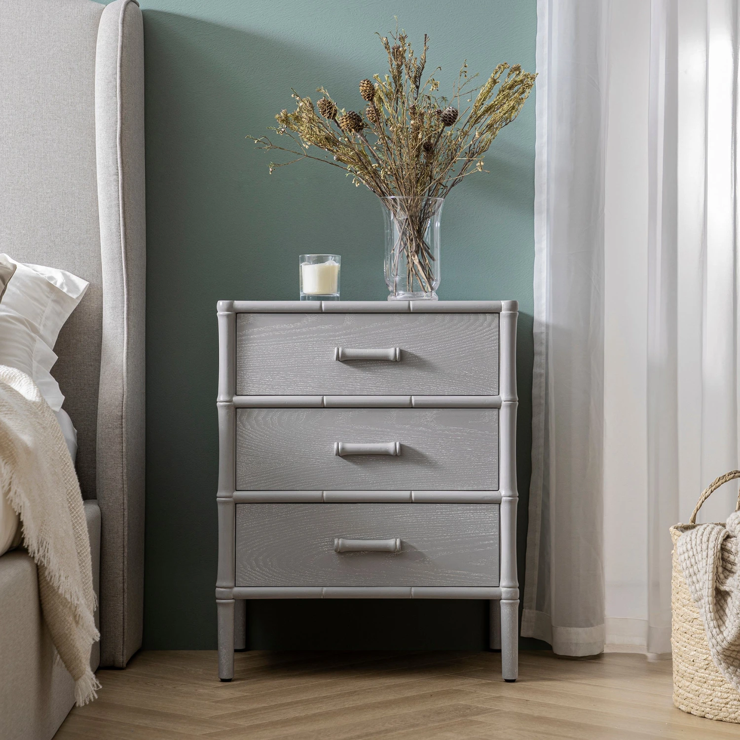 Elstowe Faux Bamboo 3-Drawer Bedside Table, Warm Grey 2 Elstowe Faux Bamboo 3-Drawer Bedside Table, Warm Grey - Image 2