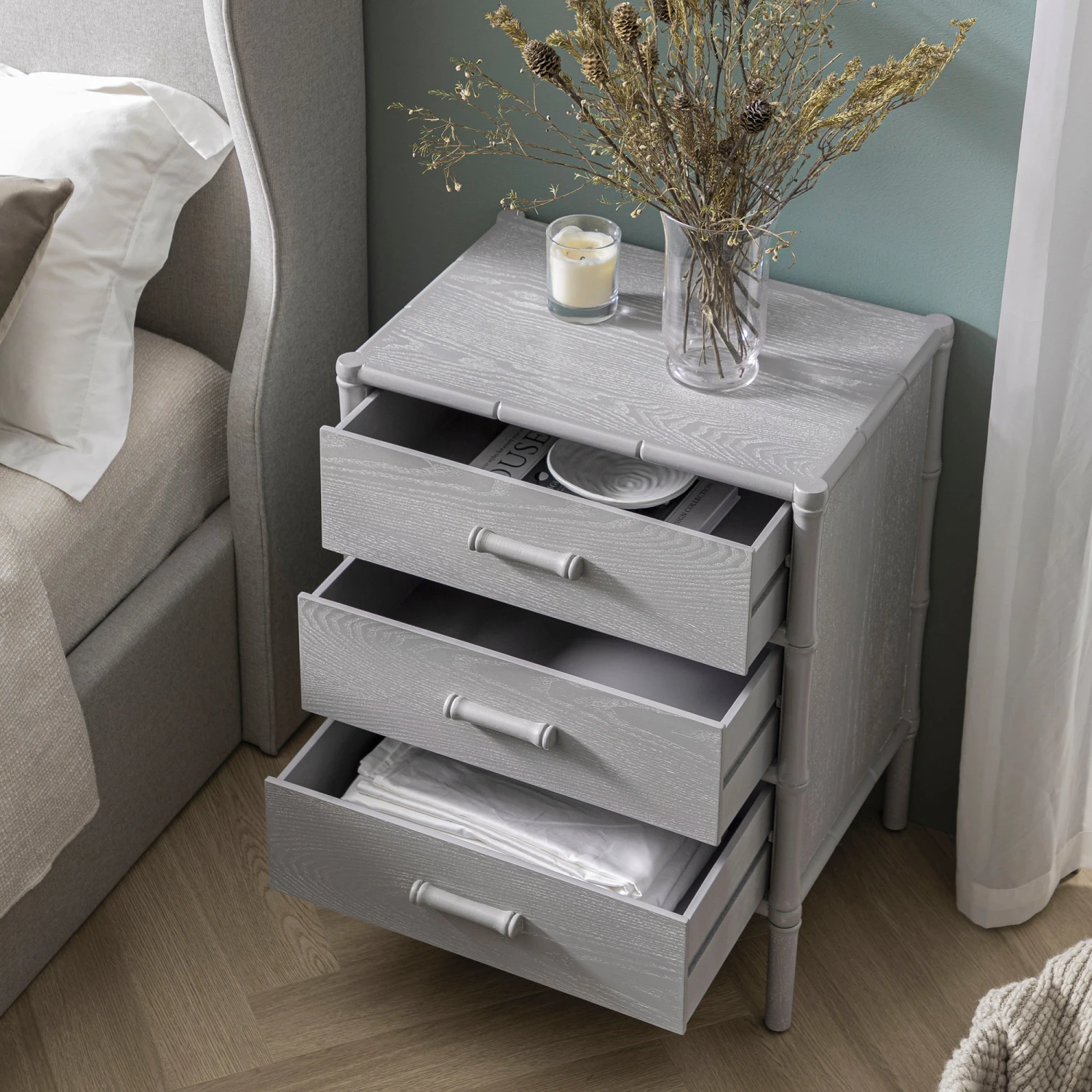 Elstowe Faux Bamboo 3-Drawer Bedside Table, Warm Grey 3 Elstowe Faux Bamboo 3-Drawer Bedside Table, Warm Grey - Image 3