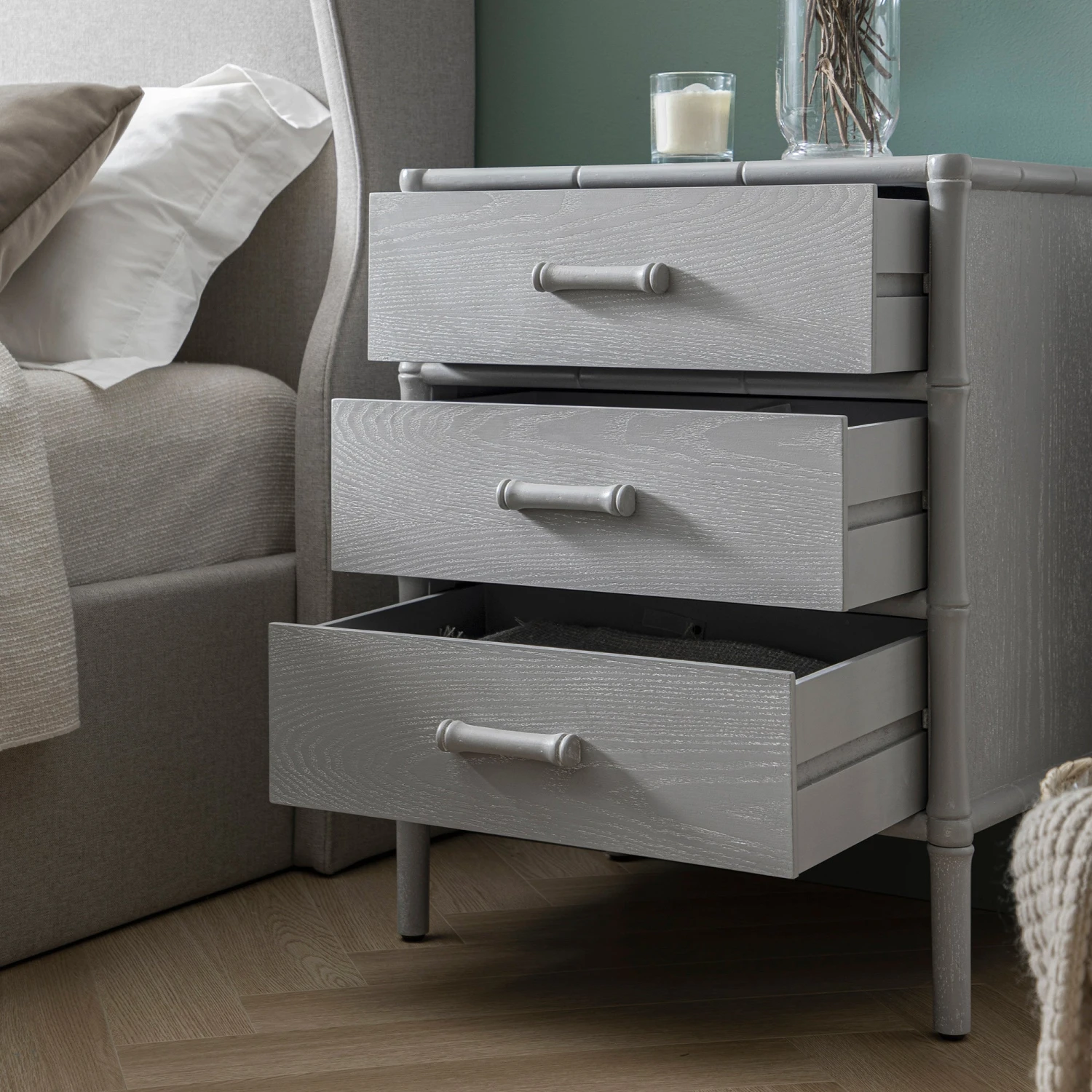 Elstowe Faux Bamboo 3-Drawer Bedside Table, Warm Grey 5 Elstowe Faux Bamboo 3-Drawer Bedside Table, Warm Grey - Image 5