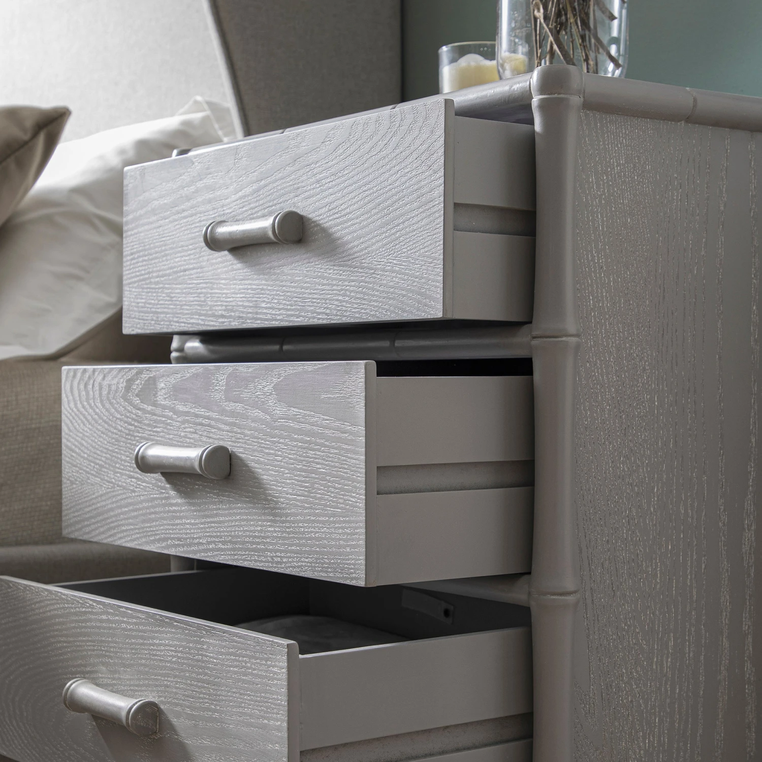 Elstowe Faux Bamboo 3-Drawer Bedside Table, Warm Grey 6 Elstowe Faux Bamboo 3-Drawer Bedside Table, Warm Grey - Image 6