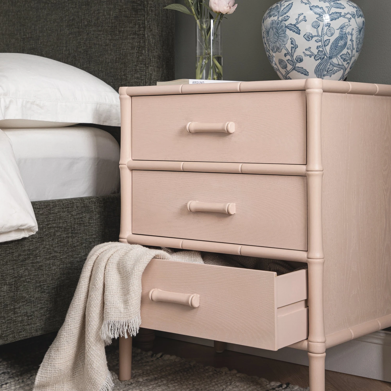 Elstowe Faux Bamboo 3-Drawer Bedside Table, Nude Pink 4 Elstowe Faux Bamboo 3-Drawer Bedside Table, Nude Pink - Image 4