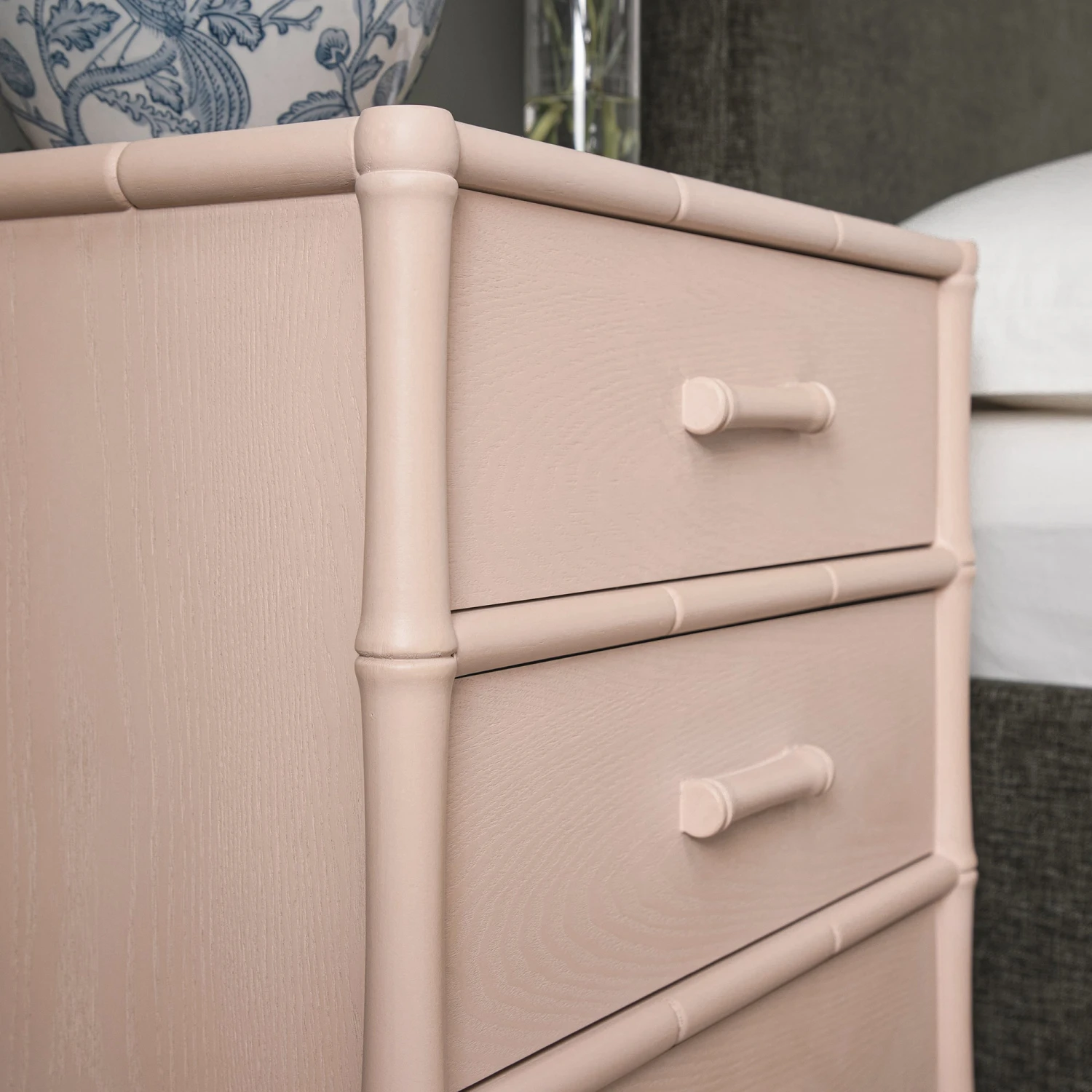 Elstowe Faux Bamboo 3-Drawer Bedside Table, Nude Pink 6 Elstowe Faux Bamboo 3-Drawer Bedside Table, Nude Pink - Image 6