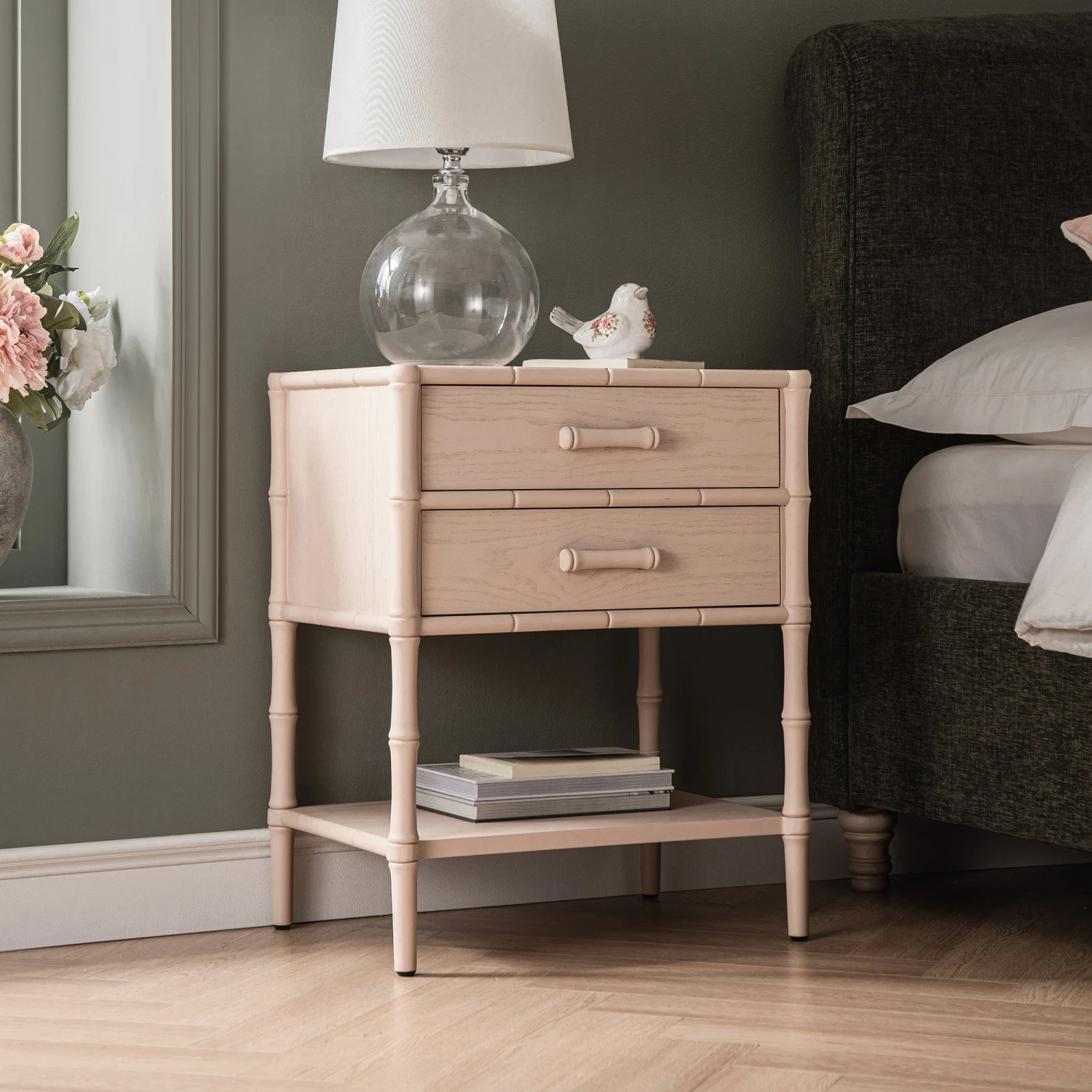 Elstowe Faux Bamboo 2-Drawer Bedside Table, Nude Pink 1 Elstowe Faux Bamboo 2-Drawer Bedside Table, Nude Pink