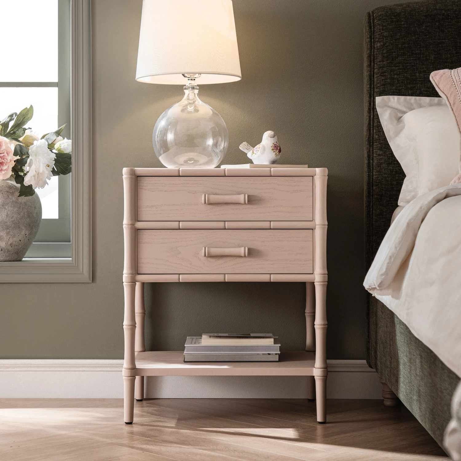 Elstowe Faux Bamboo 2-Drawer Bedside Table, Nude Pink 2 Elstowe Faux Bamboo 2-Drawer Bedside Table, Nude Pink - Image 2