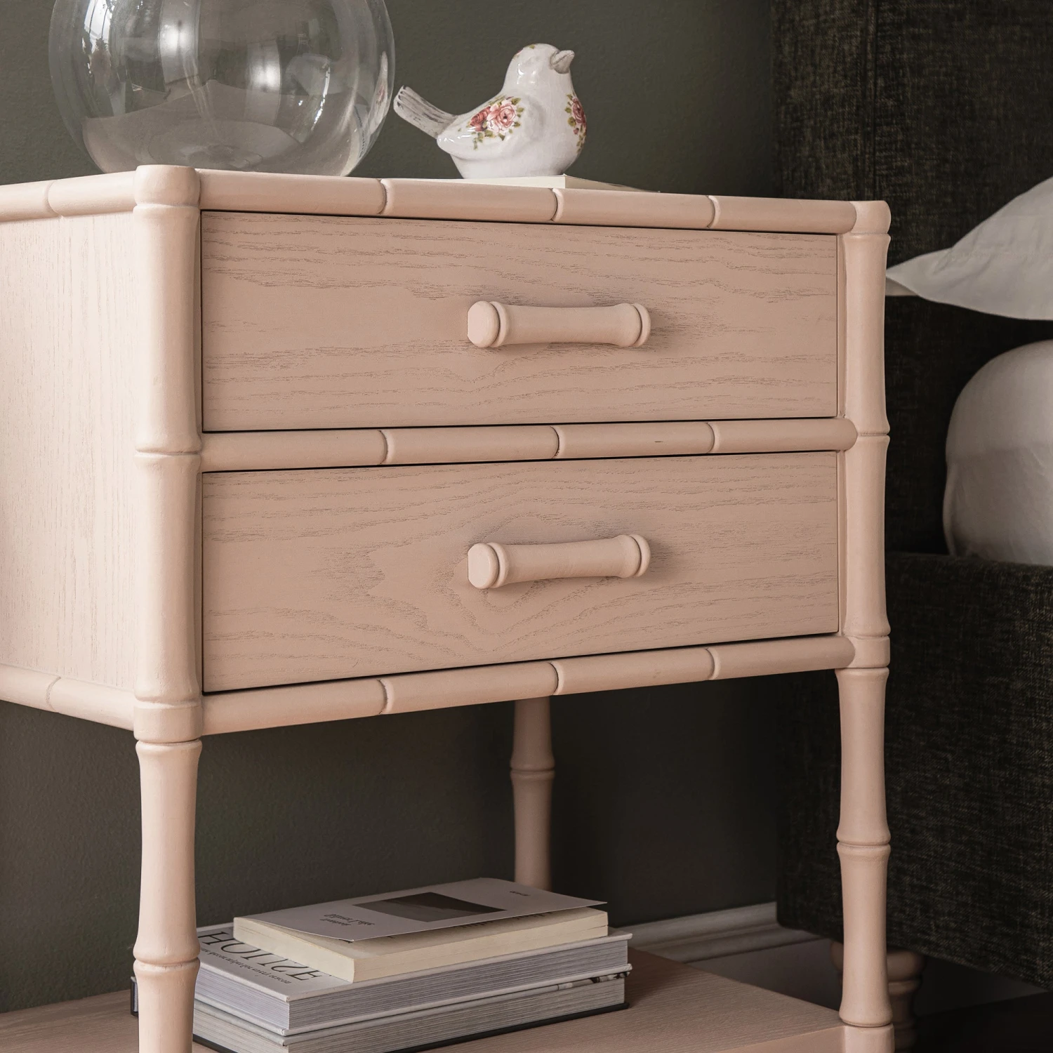 Elstowe Faux Bamboo 2-Drawer Bedside Table, Nude Pink 3 Elstowe Faux Bamboo 2-Drawer Bedside Table, Nude Pink - Image 3