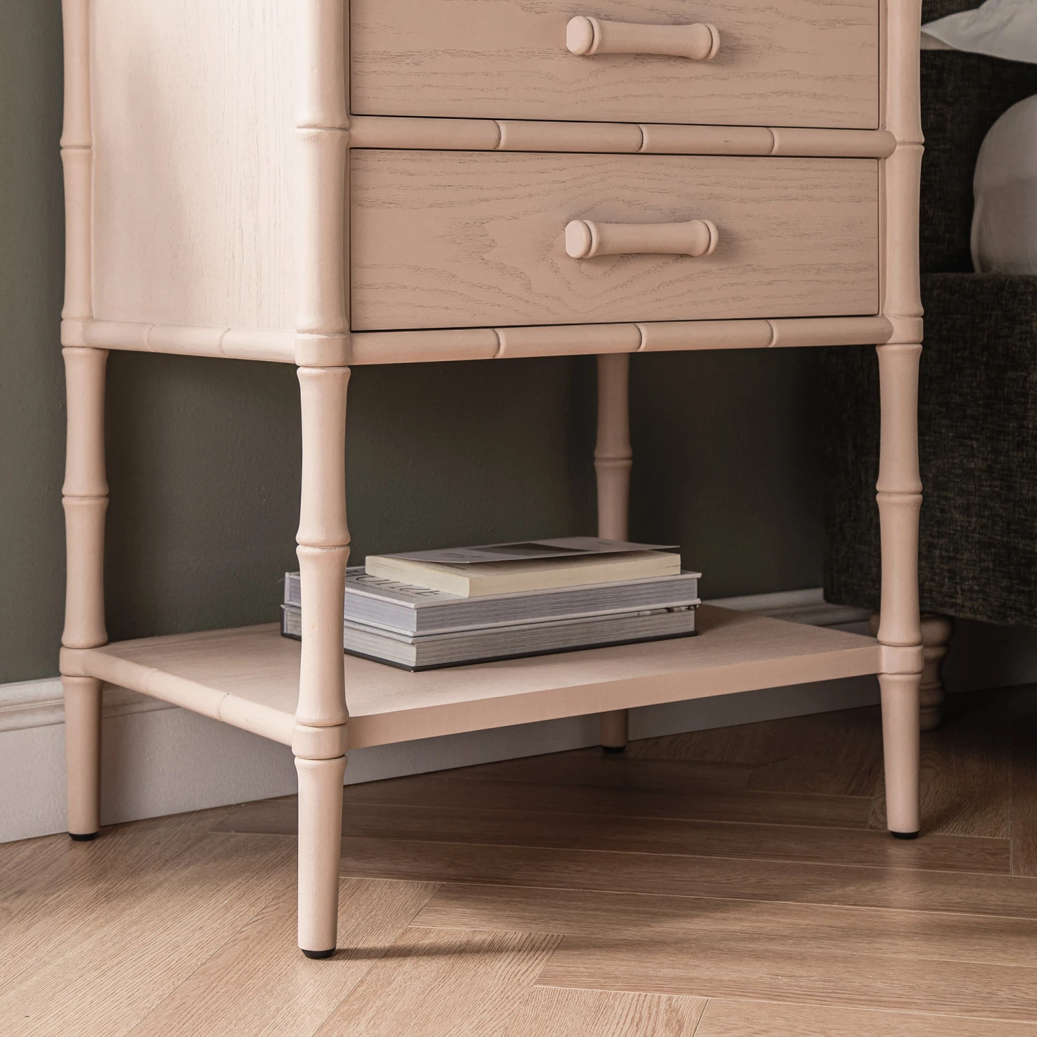 Elstowe Faux Bamboo 2-Drawer Bedside Table, Nude Pink 4 Elstowe Faux Bamboo 2-Drawer Bedside Table, Nude Pink - Image 4