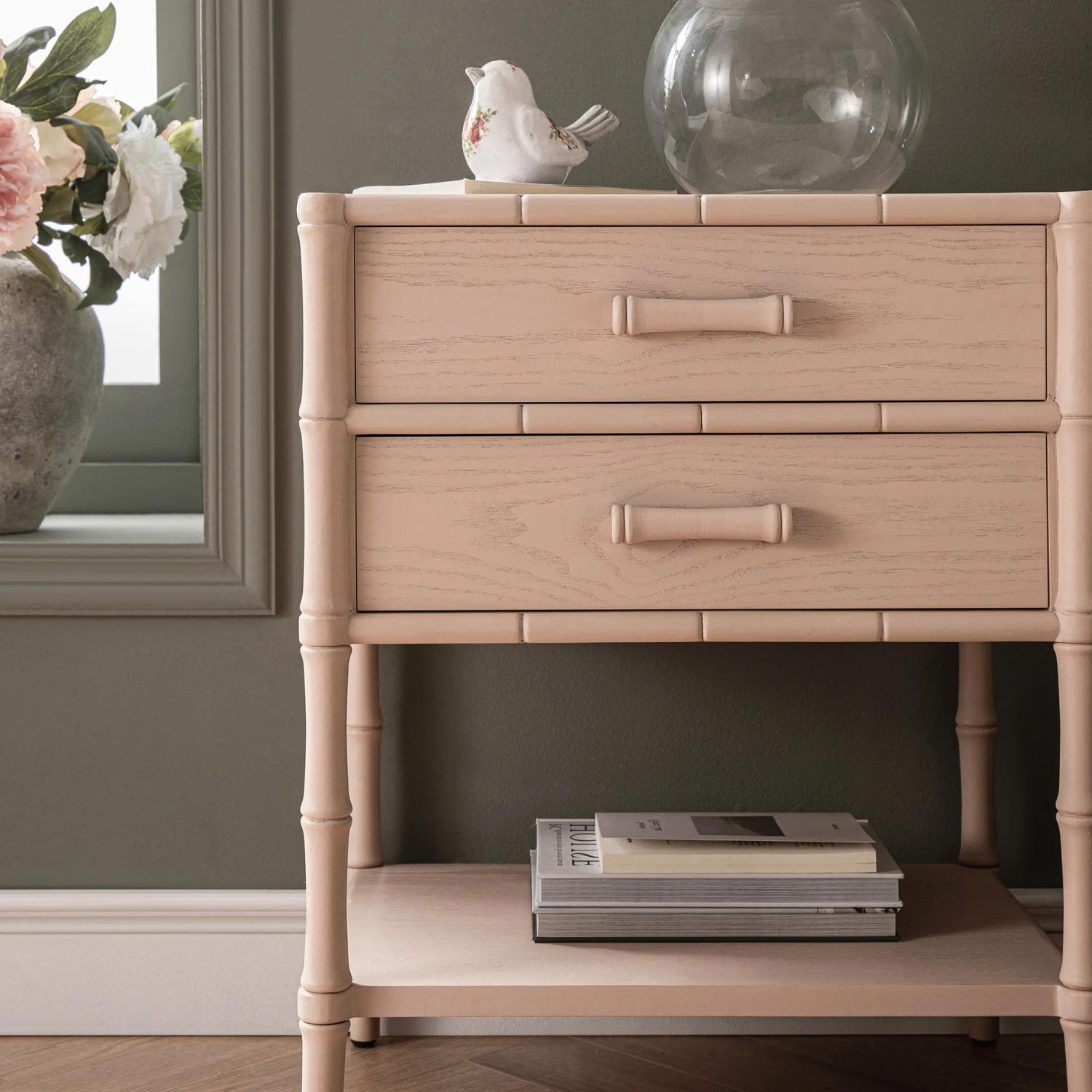 Elstowe Faux Bamboo 2-Drawer Bedside Table, Nude Pink 5 Elstowe Faux Bamboo 2-Drawer Bedside Table, Nude Pink - Image 5