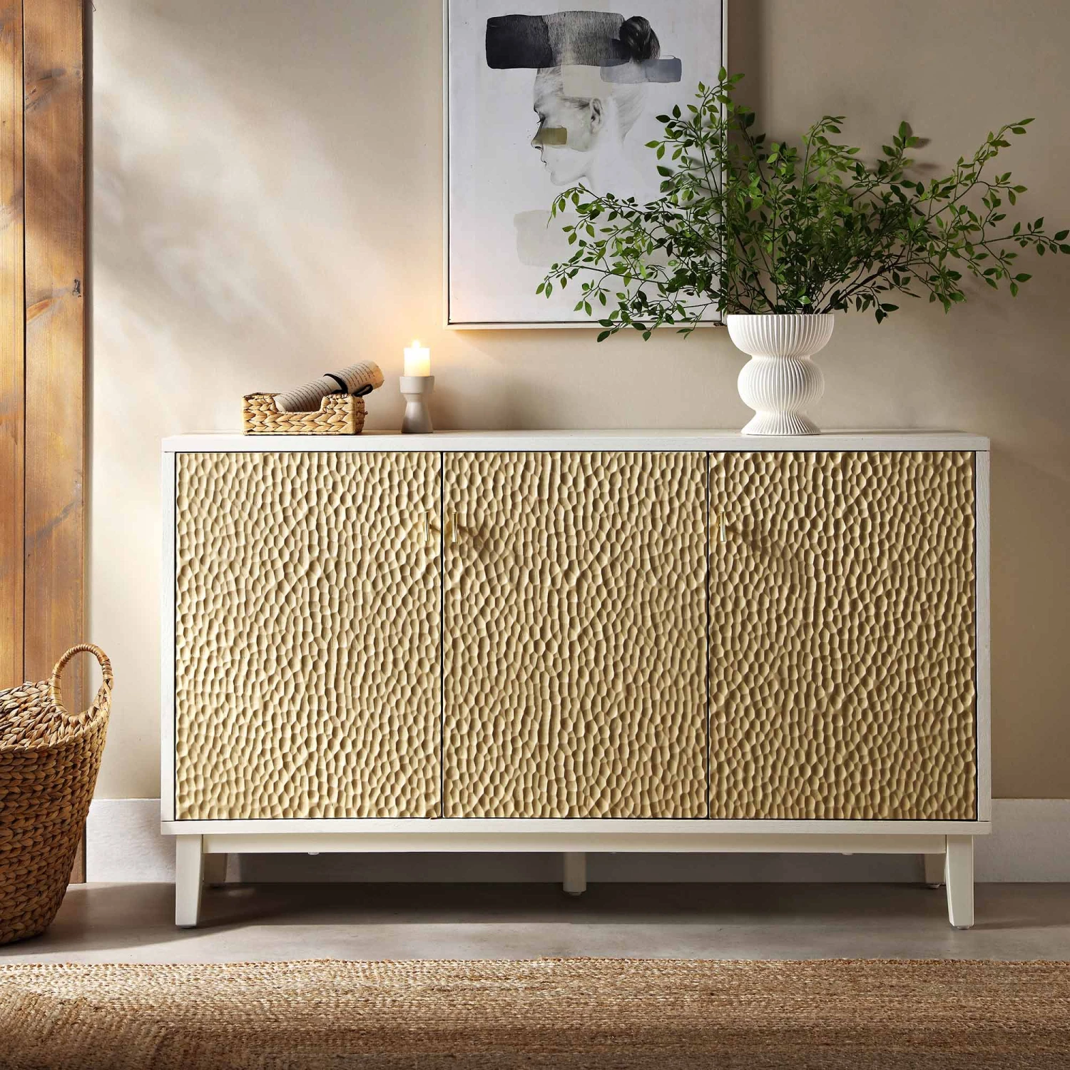 Bianca Chip Carved 3 Door Sideboard, Sand Beige & Ivory 2 Bianca Chip Carved 3 Door Sideboard, Sand Beige & Ivory - Image 2