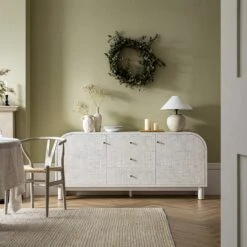 Maude Wide 3-Drawer Sideboard, Washed White Ash With Raffia