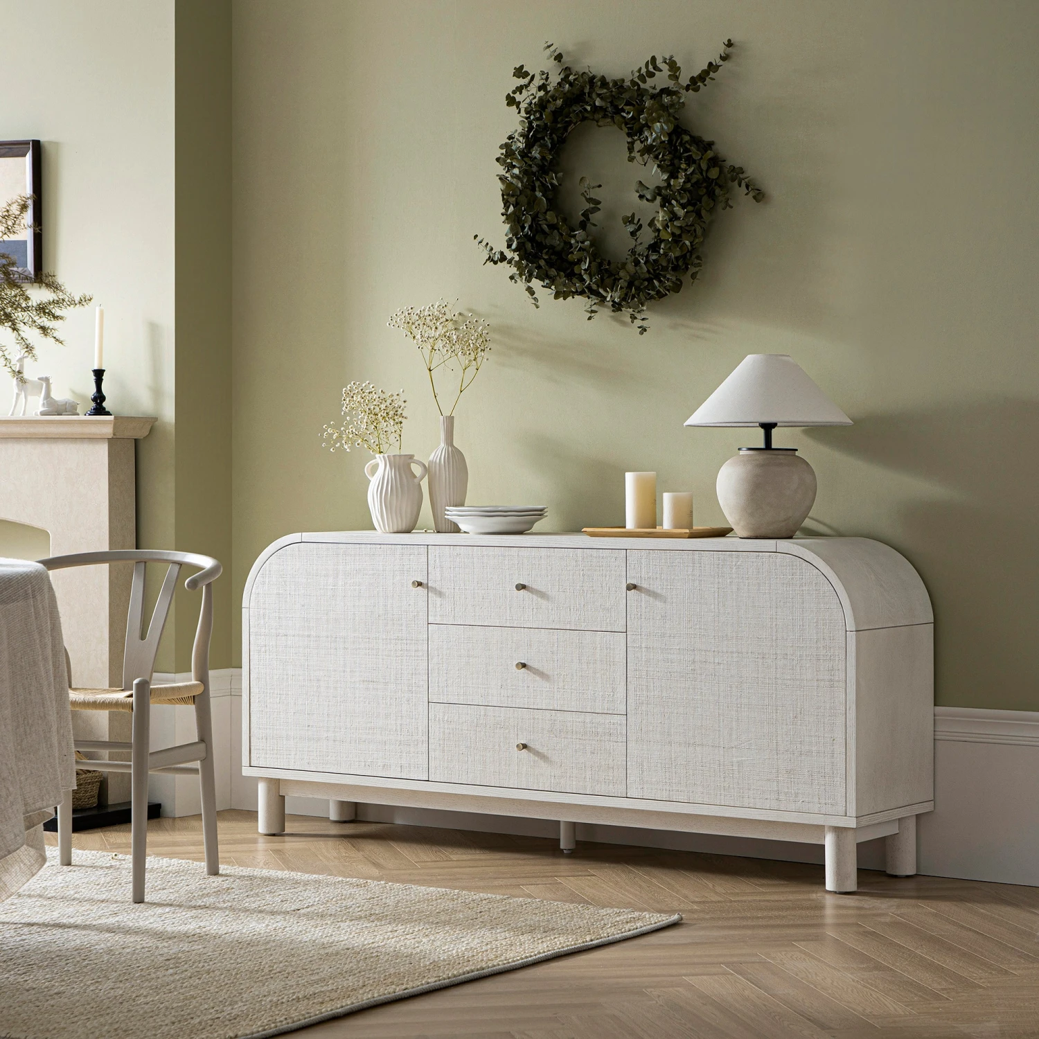 Maude Wide 3-Drawer Sideboard, Washed White Ash With Raffia 2 Maude Wide 3-Drawer Sideboard, Washed White Ash With Raffia - Image 2