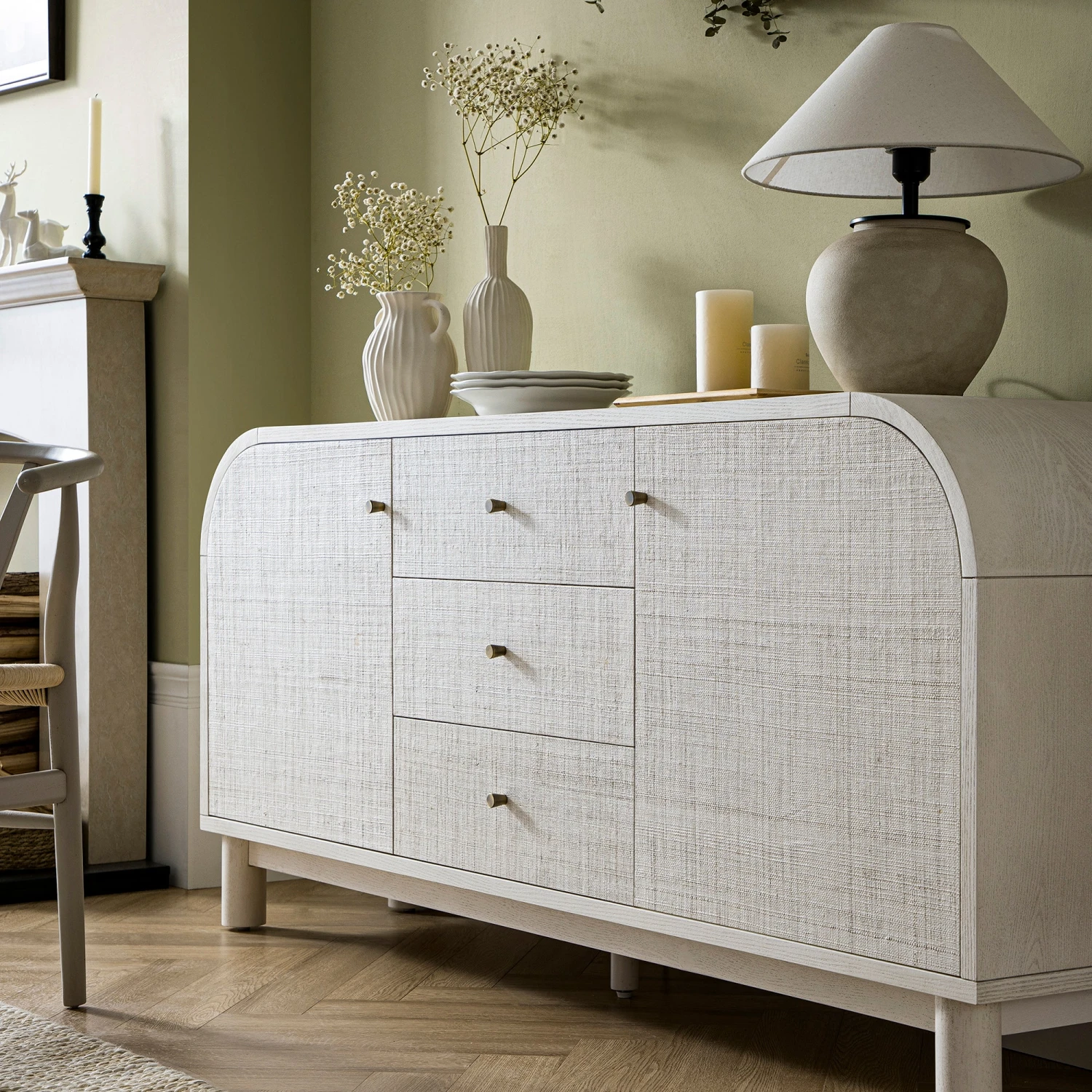 Maude Wide 3-Drawer Sideboard, Washed White Ash With Raffia 7 Maude Wide 3-Drawer Sideboard, Washed White Ash With Raffia - Image 7