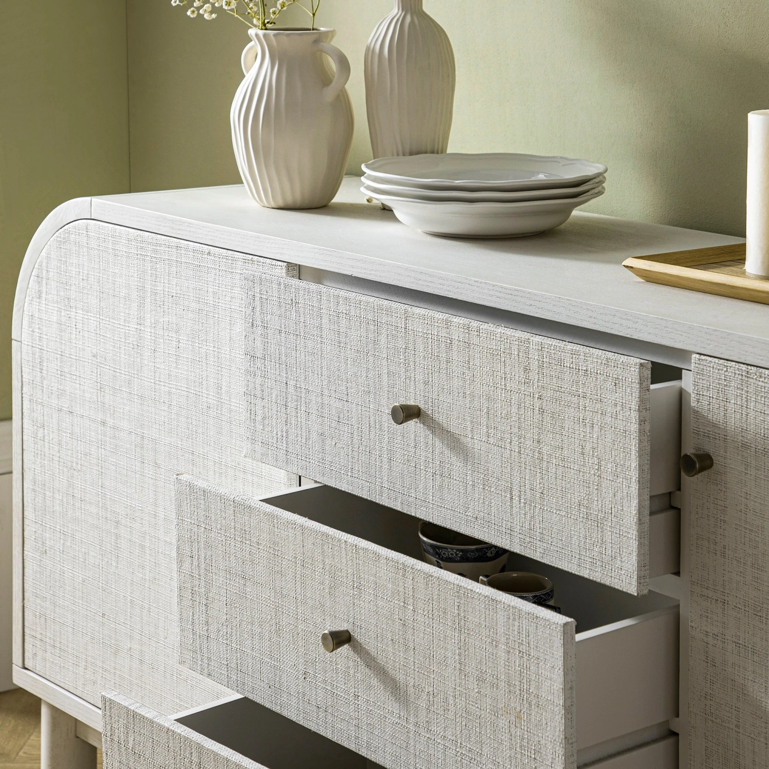 Maude Wide 3-Drawer Sideboard, Washed White Ash With Raffia 8 Maude Wide 3-Drawer Sideboard, Washed White Ash With Raffia - Image 8