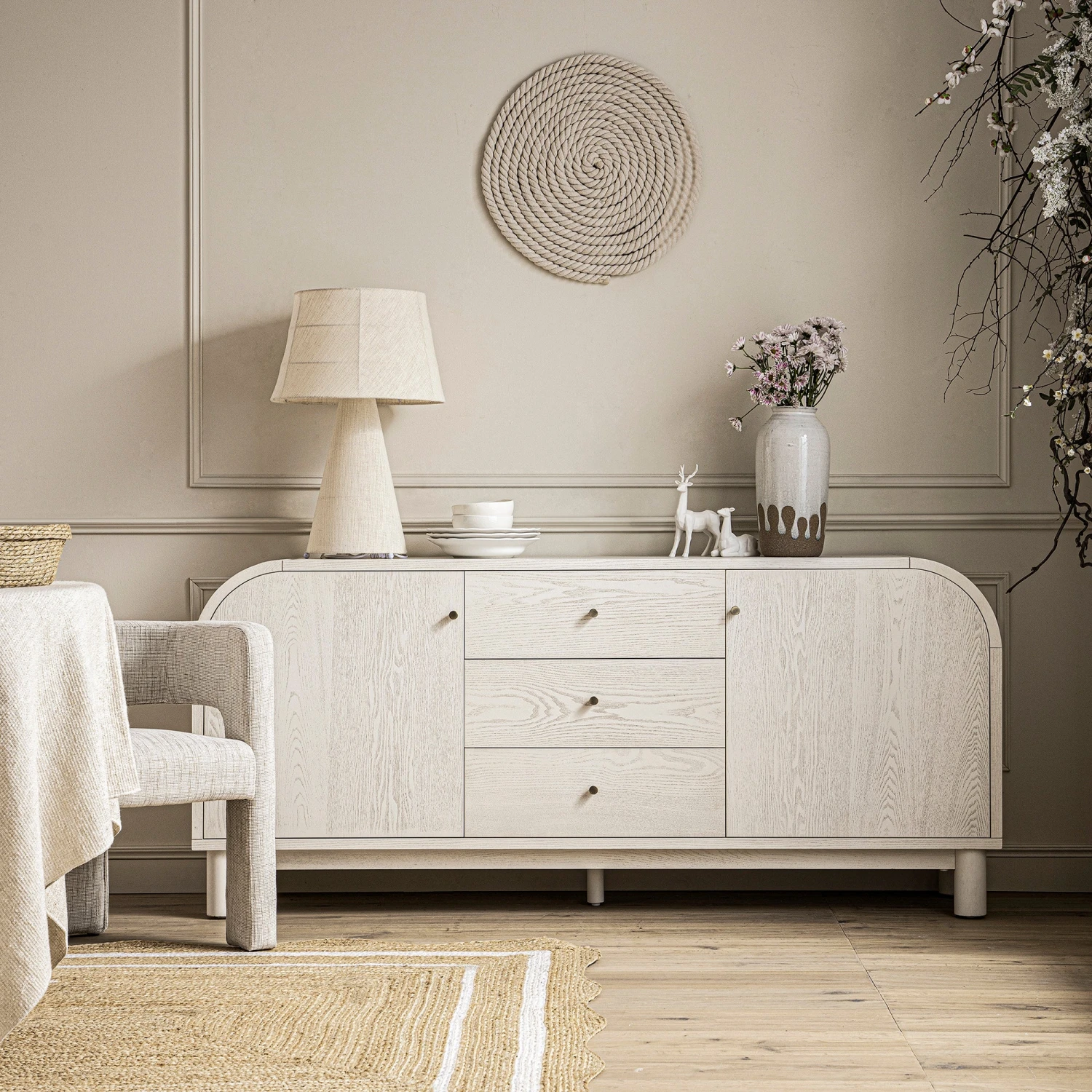 Maude Wide 3-Drawer Sideboard, Washed White Ash 2 Maude Wide 3-Drawer Sideboard, Washed White Ash - Image 2