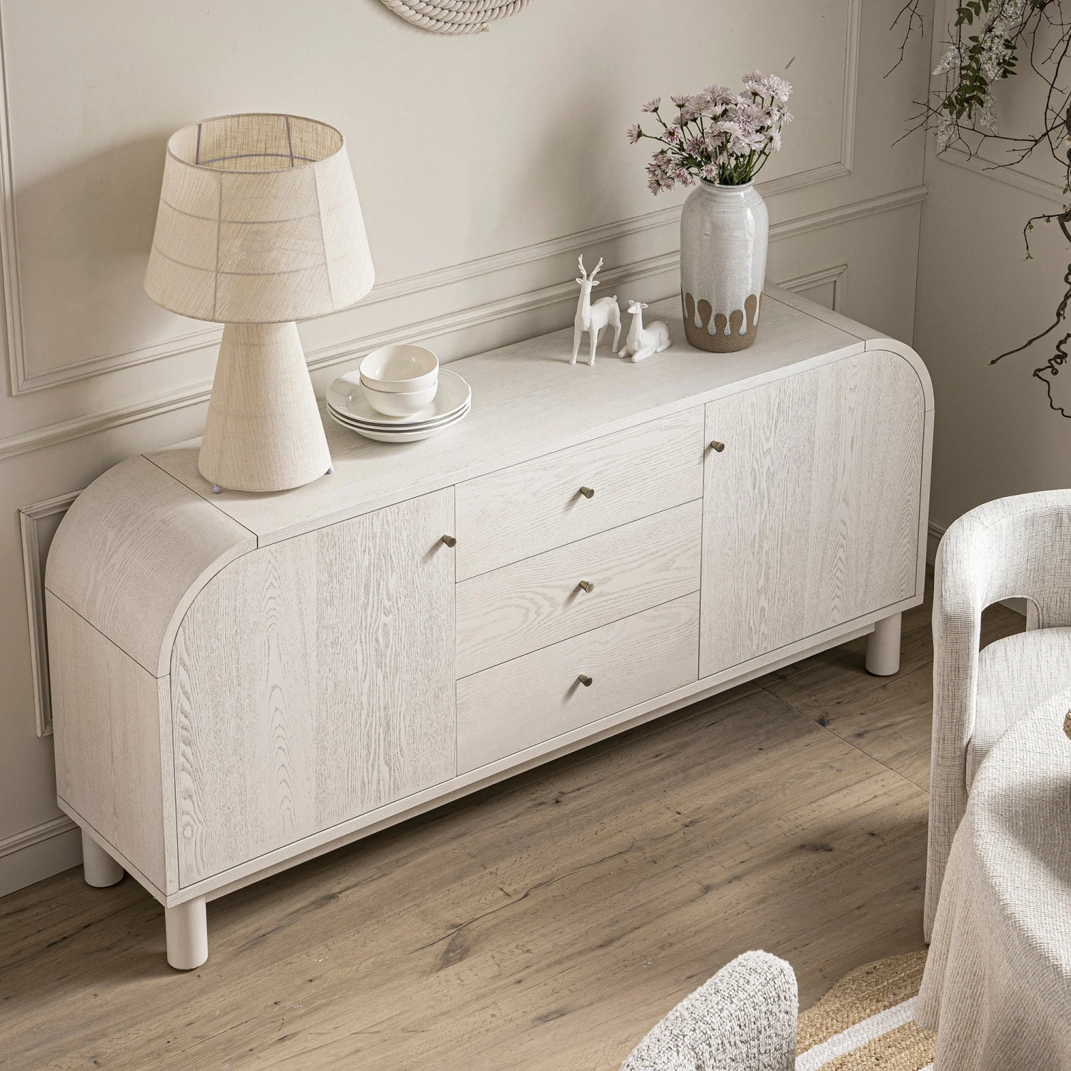 Maude Wide 3-Drawer Sideboard, Washed White Ash 3 Maude Wide 3-Drawer Sideboard, Washed White Ash - Image 3