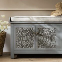 Chantilly Mid Grey Carved Storage Bench -Daals XXST 016 GREY scene3